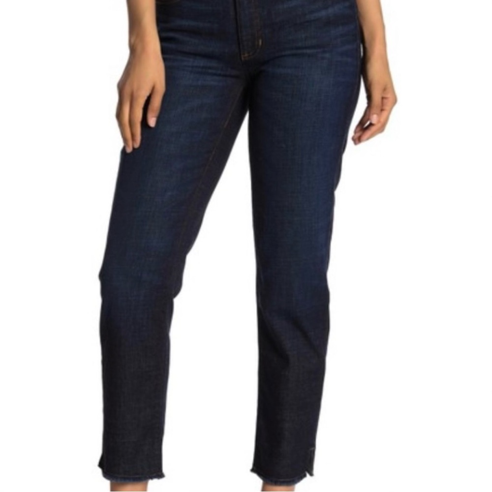 Eileen Fisher 14 Stretch Women’s Taper Ankle Jeans Raw Hem Dark Wash Organic